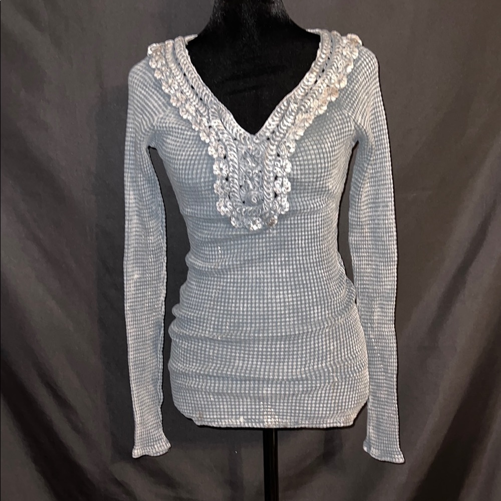 Blue/Grey Women's Long Sleeve Top with Lace Detailing
